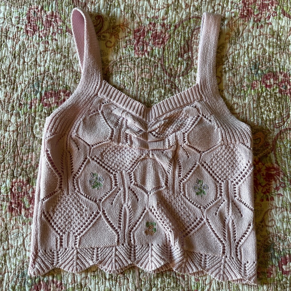 crochet knit baby pink tank top with floral embroidery